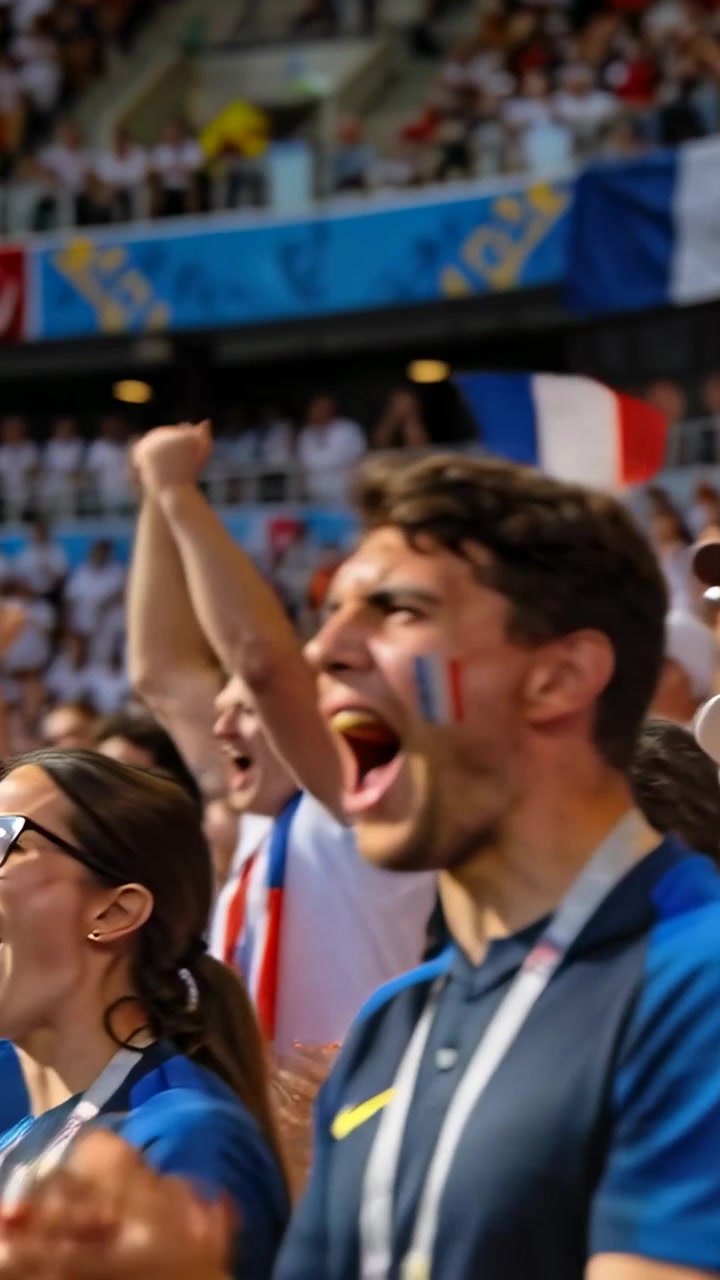 Video vertical: Cámara alejándose mostrando a un aficionado calvo con camiseta a rayas animando con banderas francesas, con espacio para texto.