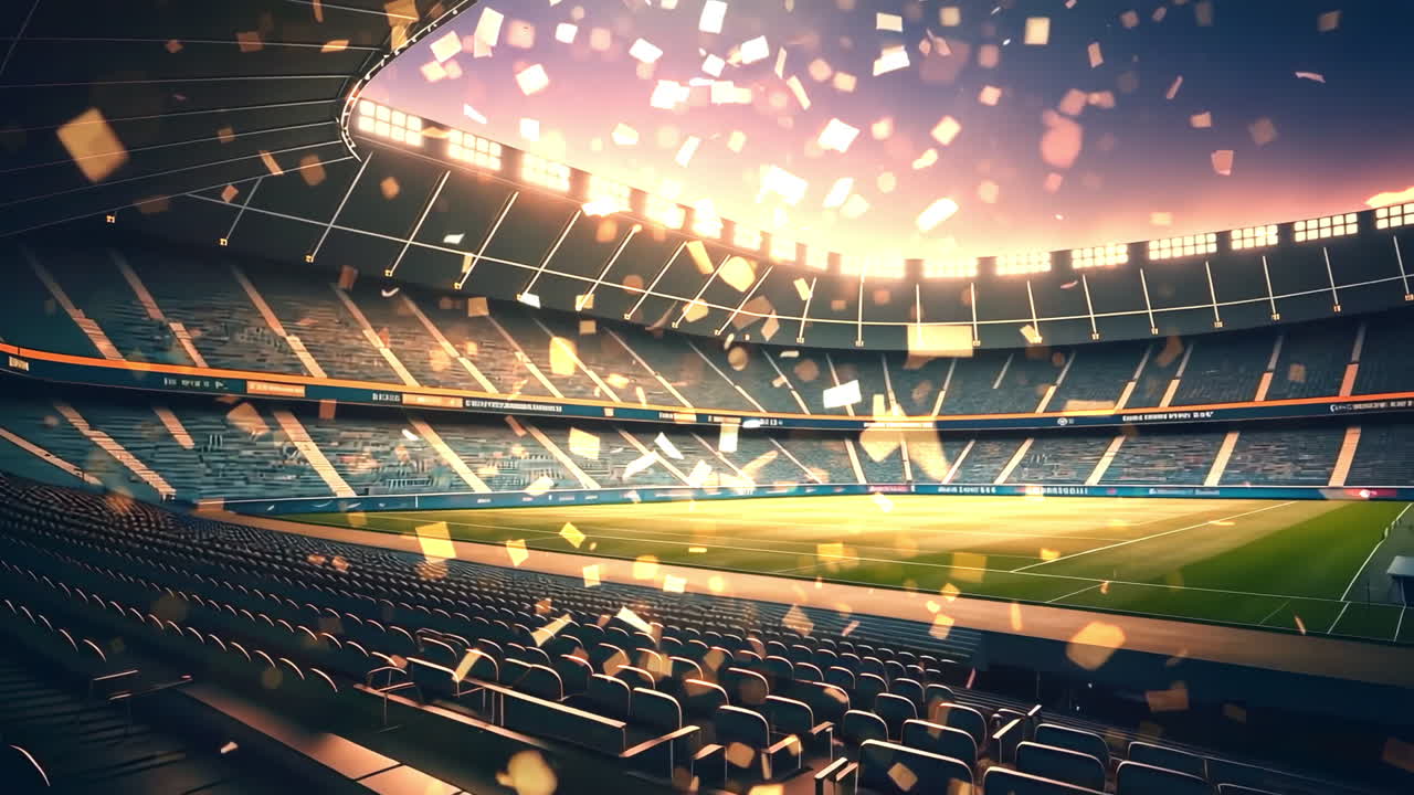 Empty Stadium with Confetti Falling at Golden Hour