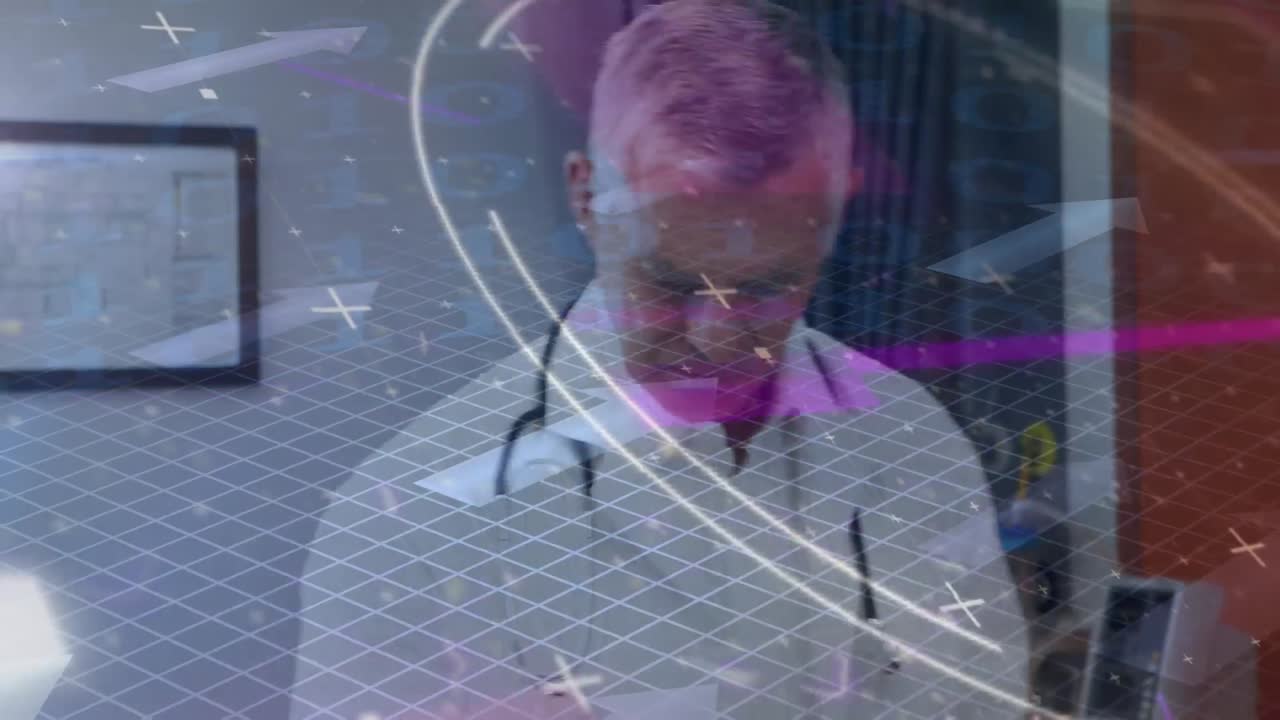 Animation af kaukasisk mandlig læge, der bruger tablet over databehandling
