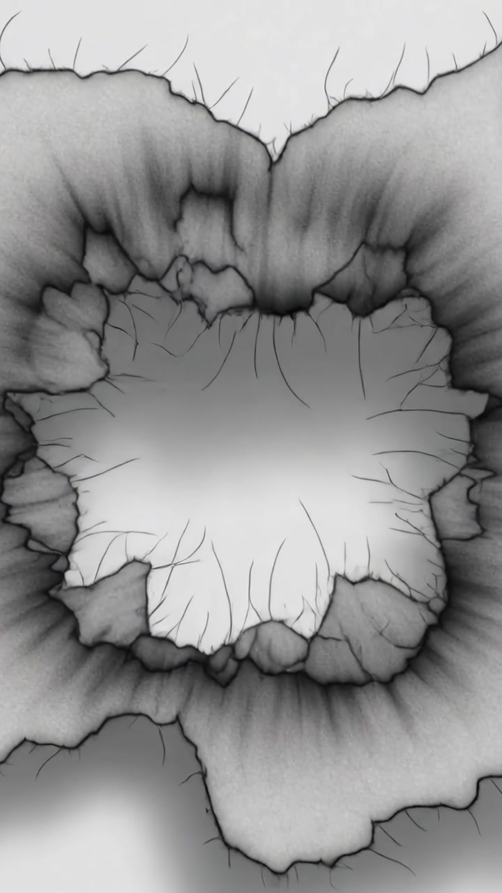 Vertical video: Spreading ink blot changing after drop landing on paper, forming dark rim filaments