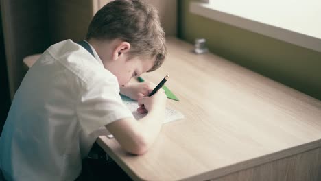 Cu-Junge-Macht-Hausaufgaben-Und-Schreibt-Mit-Einem-Kugelschreiber-In-Ein-Notizbuch-2