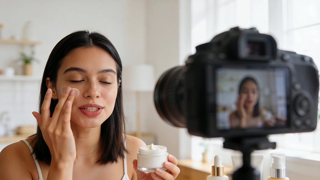 Recording on DSLR, creator in white top applying cream from jar at home, demonstrating routine