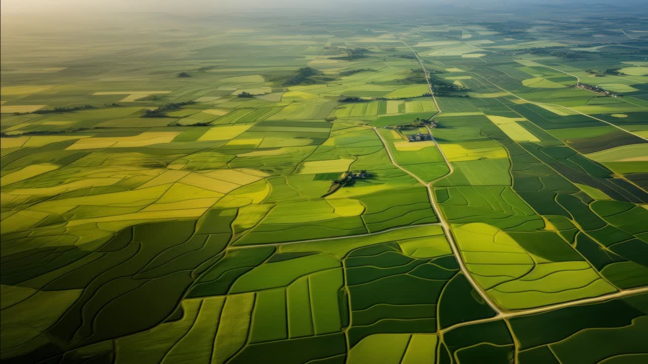 Aerial view of vast, patterned farmland with vibrant green hues, resembling a patchwork quilt