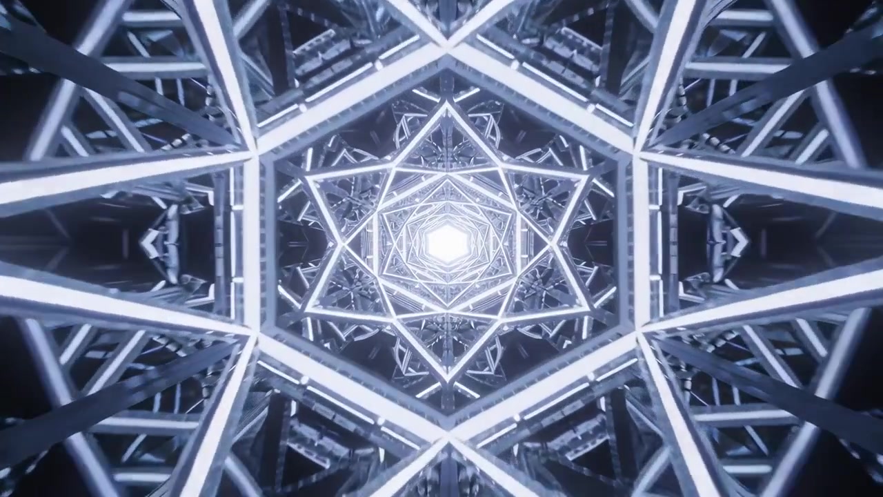Luce centrale pulsante che crea un tunnel verso l'interno in uno spazio costruito, generando profondità con cornici esagonali.