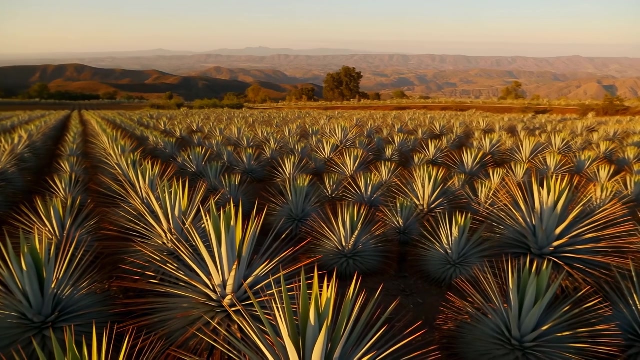 Piantagione di agave aerea all'ora d'oro a metà sequenza, che mostra piante mature in file parallele con una calda
