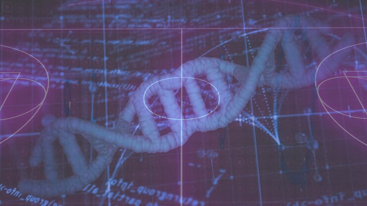 Animazione di un filamento di DNA ed equazioni matematiche su una griglia digitale in una scuola.
