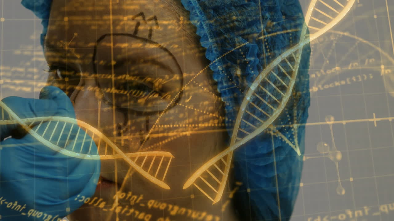 female patient receiving facial analysis in medical lab, with DNA helix and data grid overlay