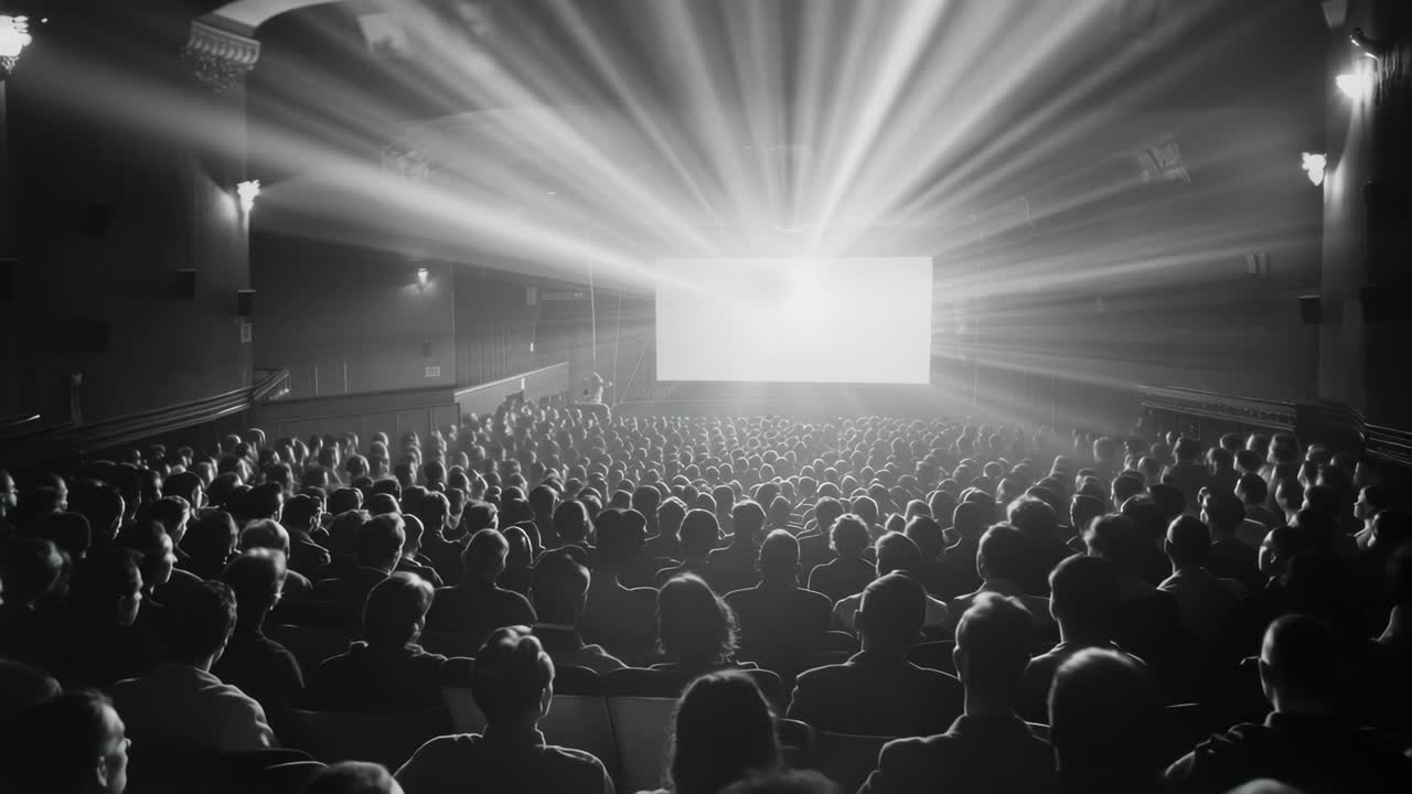 Black and white video concept of a packed theater, captured from the back