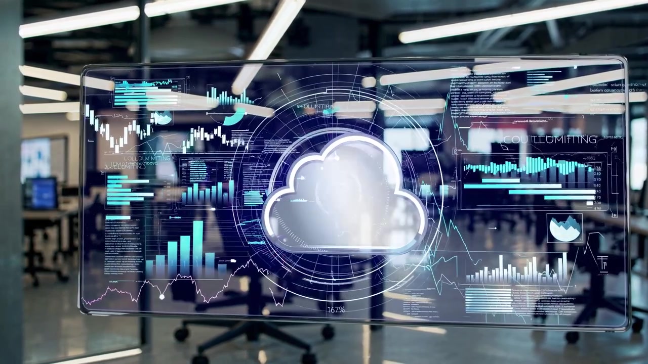 Digital Cloud Computing Interface Showing Data Analytics in Modern Office