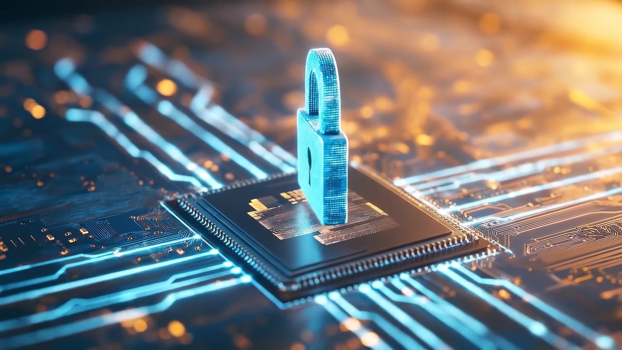 Digital Padlock on Computer Chip for Cybersecurity Concept