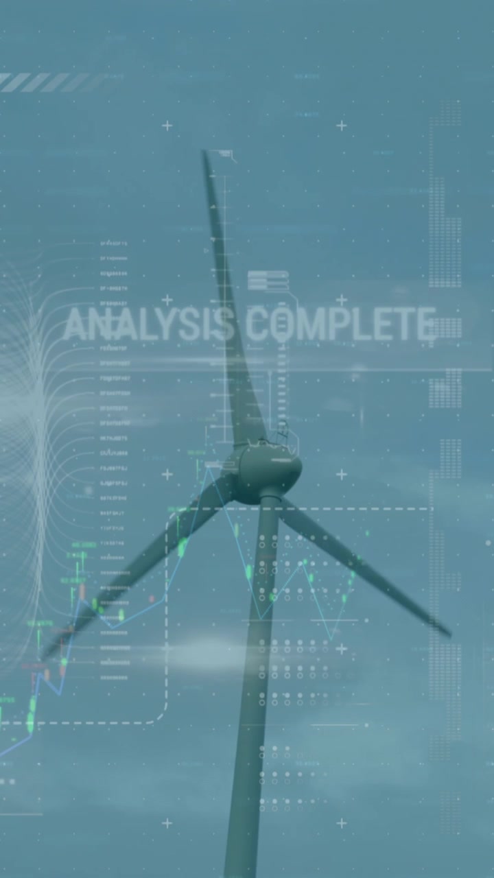 Animation of interface with data processing and light spot over spinning windmill against blue sky