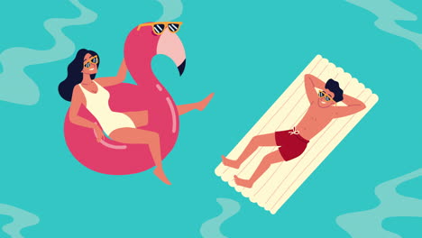 pareja relajándose en la piscina animación flotante