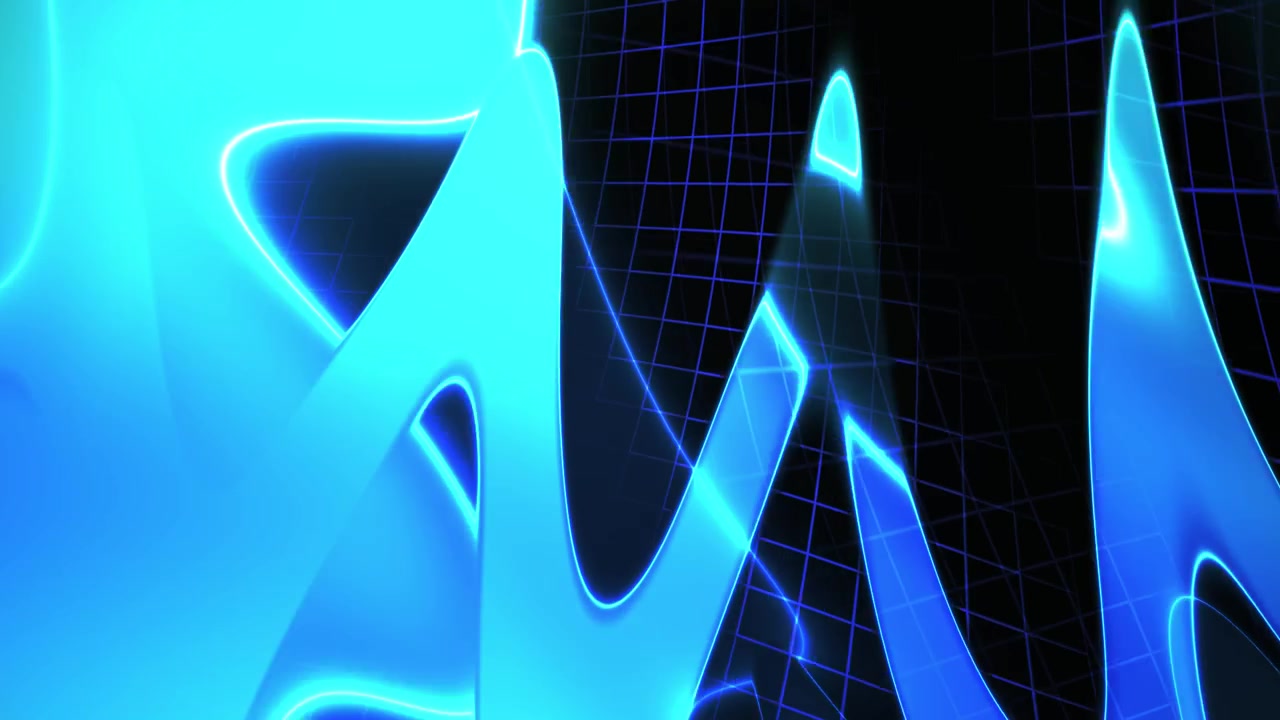 Abstract Blue Neon Waves Flowing Over a Digital Grid Background
