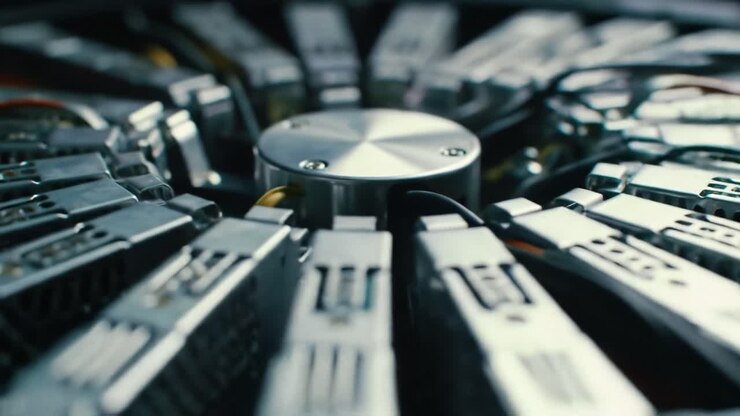 Intricate components of a machine rotate smoothly, showcasing the detailed engineering. The close-up reveals various elements working in harmony, emphasizing technology's precision and design at work.