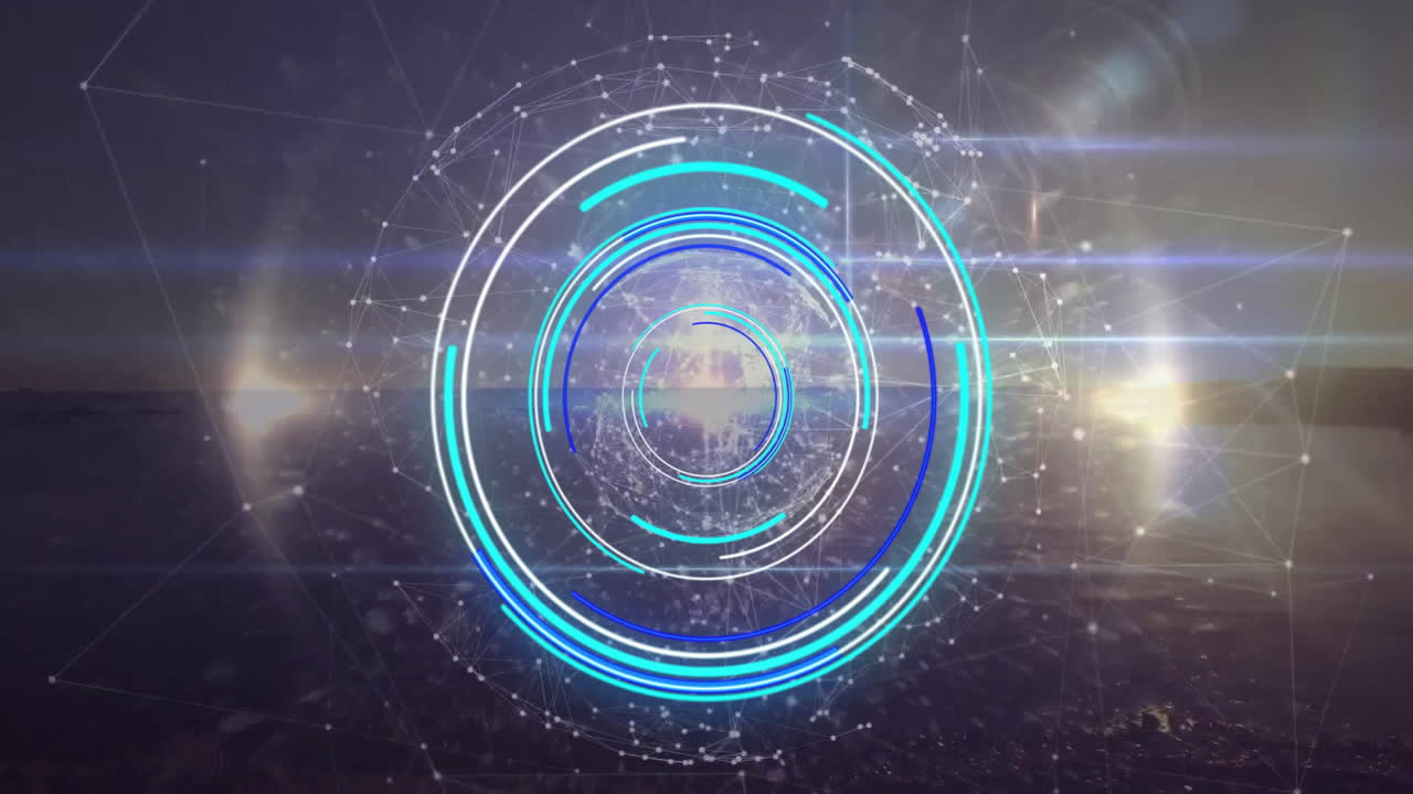 Animation of data processing, network of connections over scope scanning