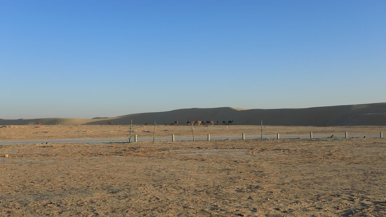 paisaje seco del desierto tunecino con cielos despejados y colinas lejanas, valla en primer plano