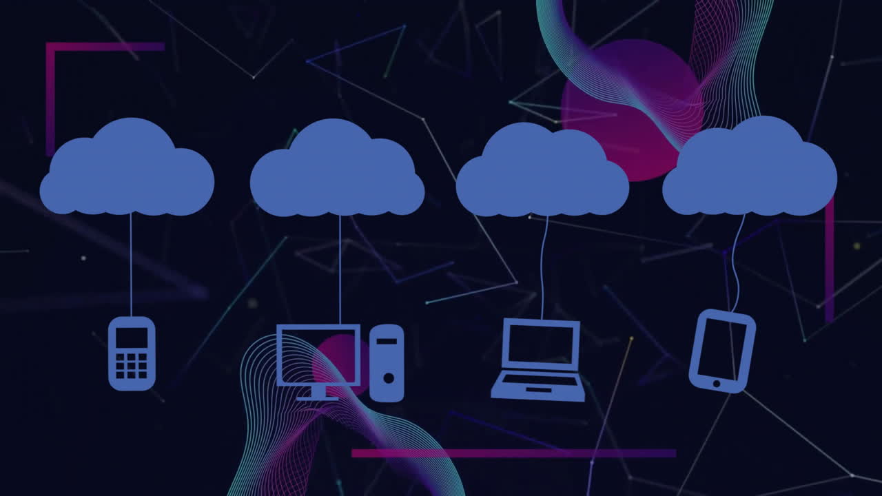 Animation of cloud computing icons connecting to devices over abstract background