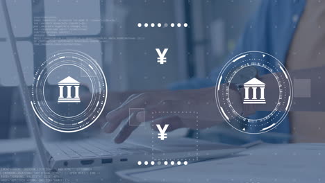 animation of currency symbols with data processing over african american businessman using laptop