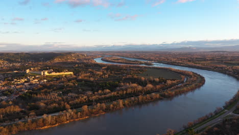 Fort-Saint-André-autumn-aerial-morning-shot-rhone-river-medieval-fortress-France