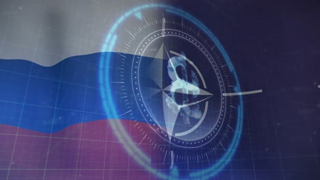 animación de escaneo de alcance y símbolo de bitcoin sobre la bandera de rusia y la otan