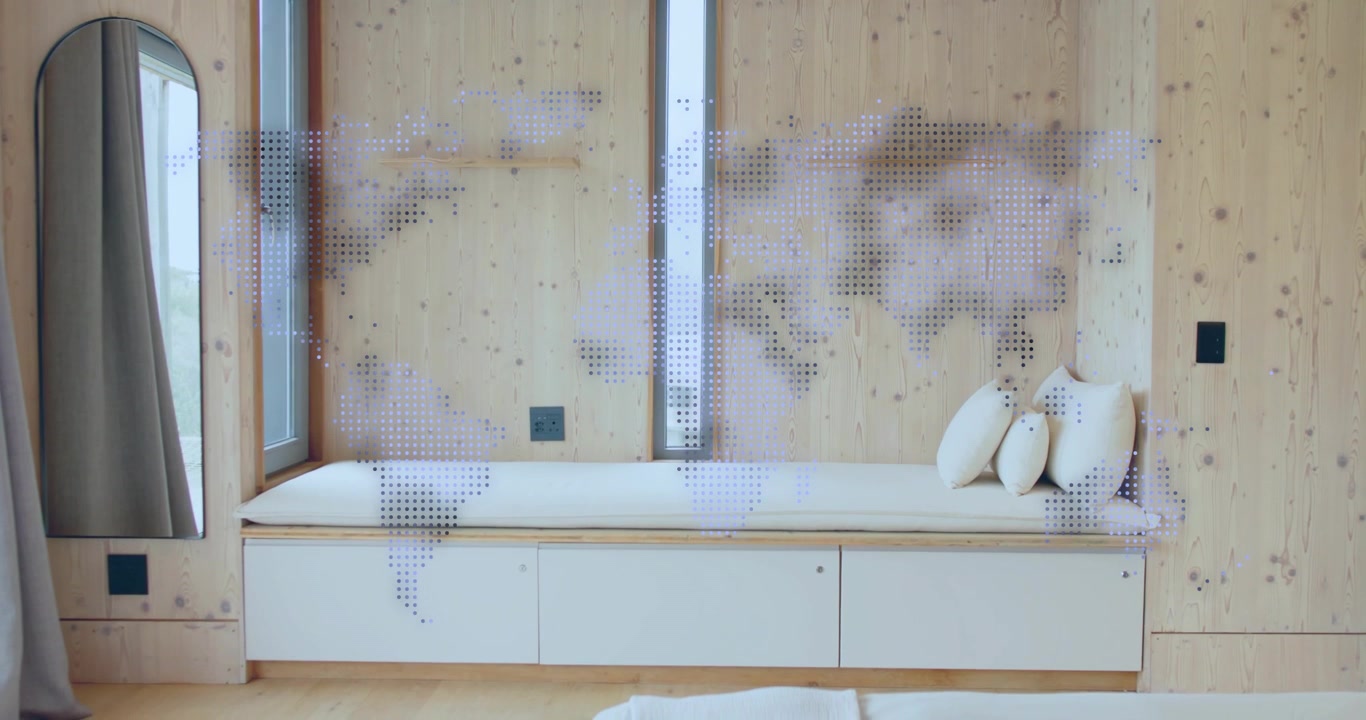 Triggered by dot clusters emerging, map dots expanding across pine wall and bench, creating art