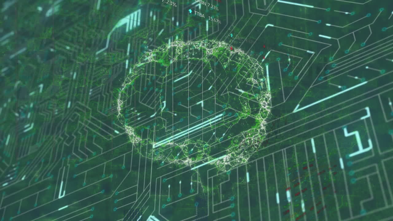 Animation of brain, integrated circuit and graphs on black background