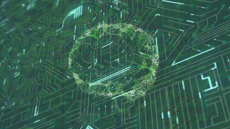 animación del cerebro, circuito integrado y gráficos en fondo negro.