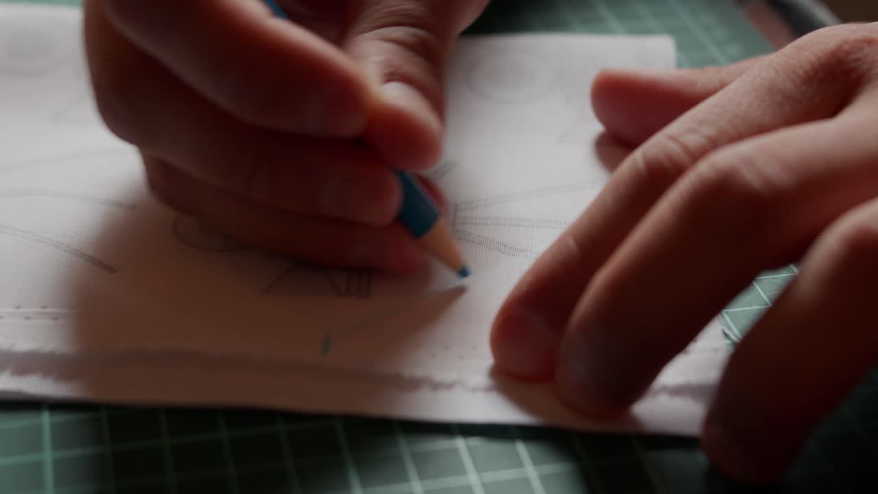 Close up marking fabric with a blue crayon freehand.