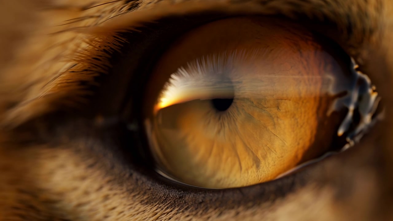 Vista macro extrema de olho felino âmbar com estrias radiais na íris, pupila escura, córnea brilhante, reflexo quente do pôr do sol, detalhe de superfície úmida e mudança sutil de realce através de textura natural vívida.