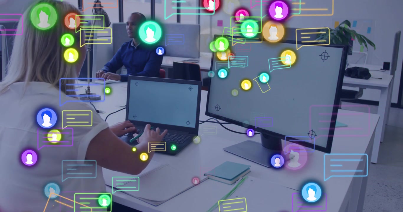 Office woman typing while message avatars appearing and clustering near monitors, managing messages