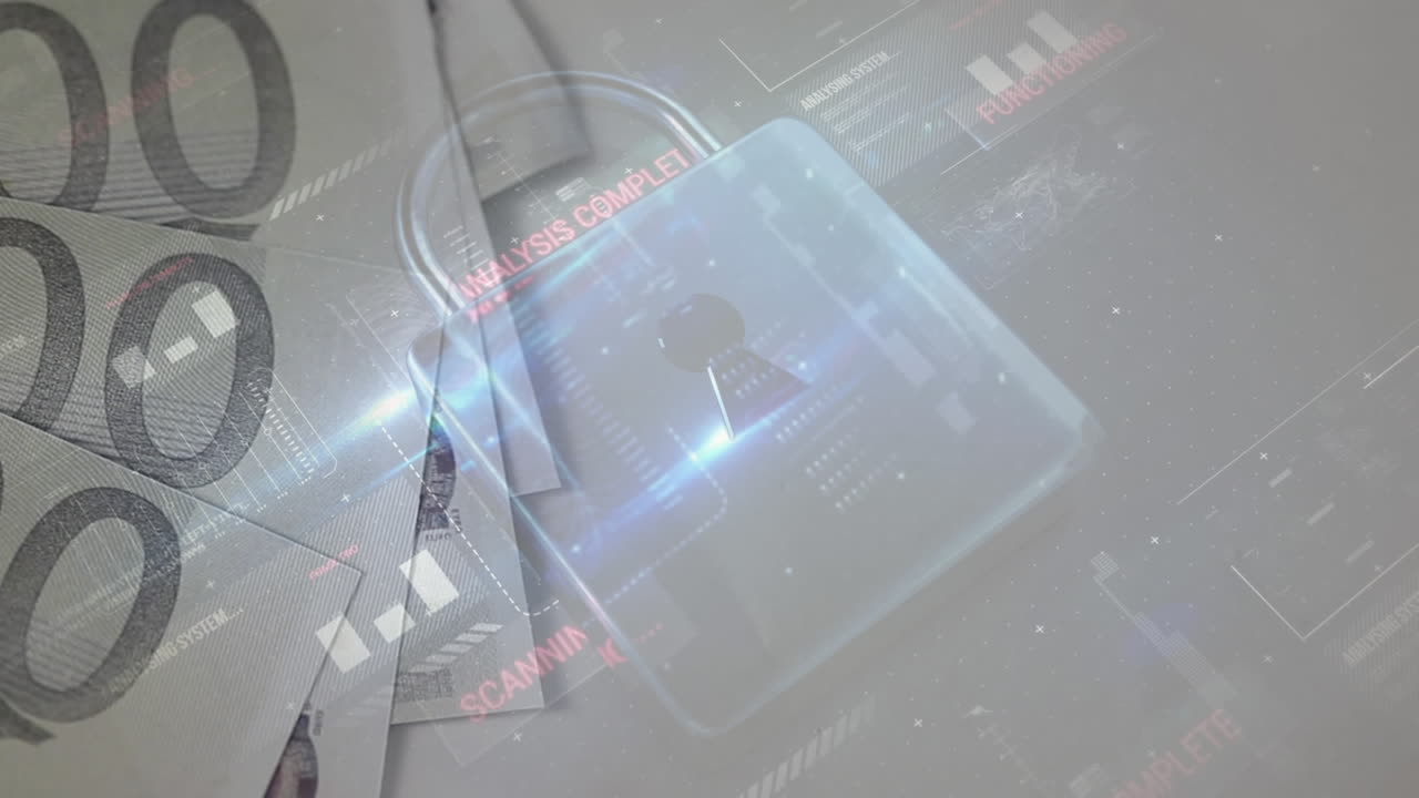 유로 지폐 위에 있는 집적 회로와 보안 잠금의 애니메이션