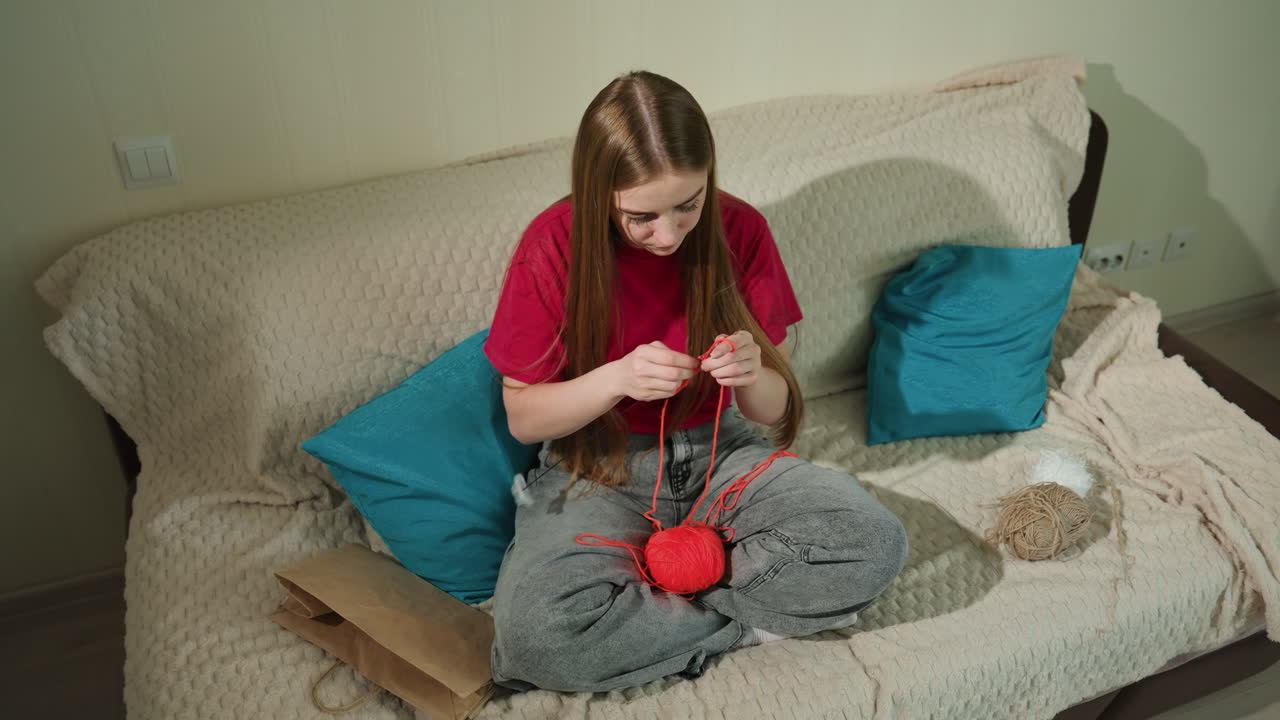 Mujer tejiendo cómodamente; una mujer elegante crea intrincados puntos; mujer sentada con pelo largo tejiendo con calma; figura femenina relajada disfrutando del tejido en un sofá de felpa en un ambiente contemporáneo.