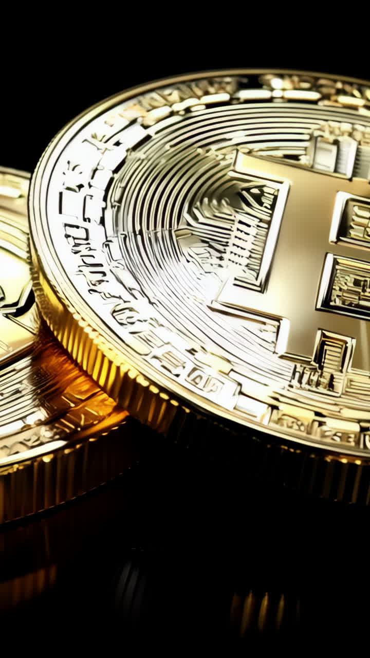 Two gold coins with the letter B on them. The coins are placed on top of each other Vertical video