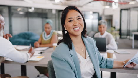 Asiatische-Frau,-Gesicht-Und-Geschäftstreffen-Im-Büro