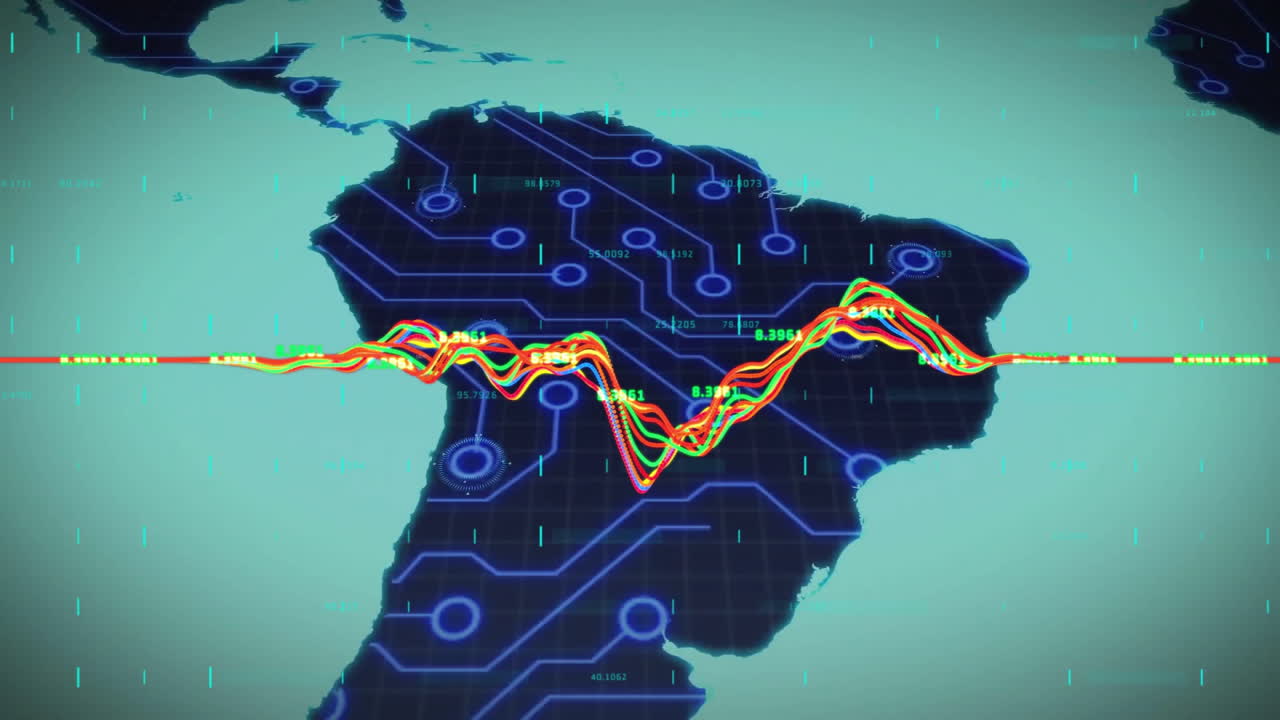 녹색 바탕에 있는 세계 지도 위의 디지털 데이터 처리의 애니메이션