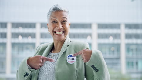 Woman,-smile-and-voter-pin-for-election