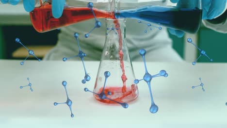 animation of molecular structures floating over mid section of a scientist working at a laboratory