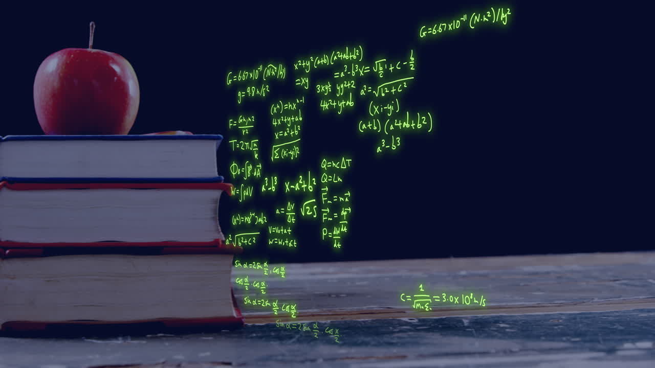 책 어리 위에 있는 사과 위에서 과학적 데이터 처리의 애니메이션