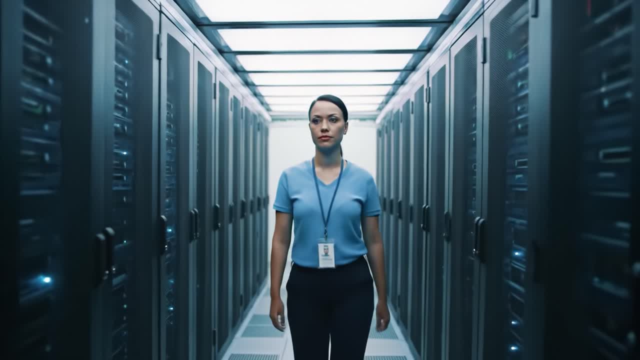 A data center expert navigates the rows of servers, ensuring optimal performance and security of technology. The environment is high-tech, showcasing advanced equipment and infrastructure.