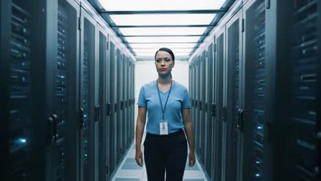 a data center expert navigates the rows of servers, ensuring optimal performance and security of technology. the environment is high-tech, showcasing advanced equipment and infrastructure.