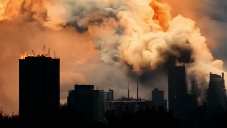 ciudad en llamas al atardecer