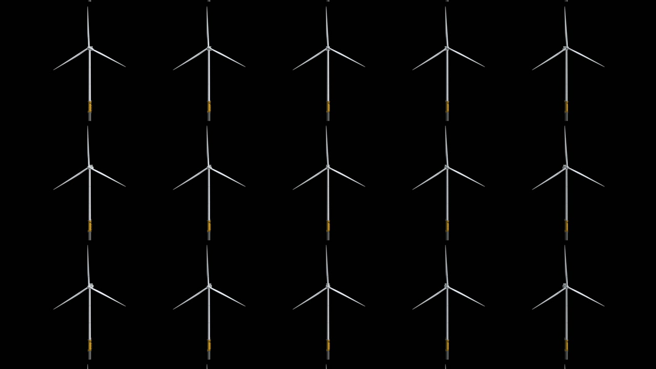 Grid of 3D Rendered Wind Turbine Spinning on Black Background. Renewable Energy Wind Farm Concept Visualisation. Sustainable development, clean power infrastructure animation.