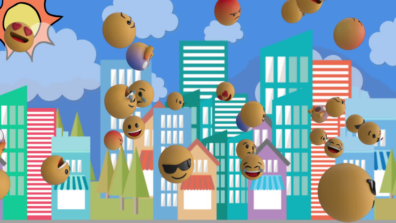 varios emojis de cara flotando contra el paisaje urbano