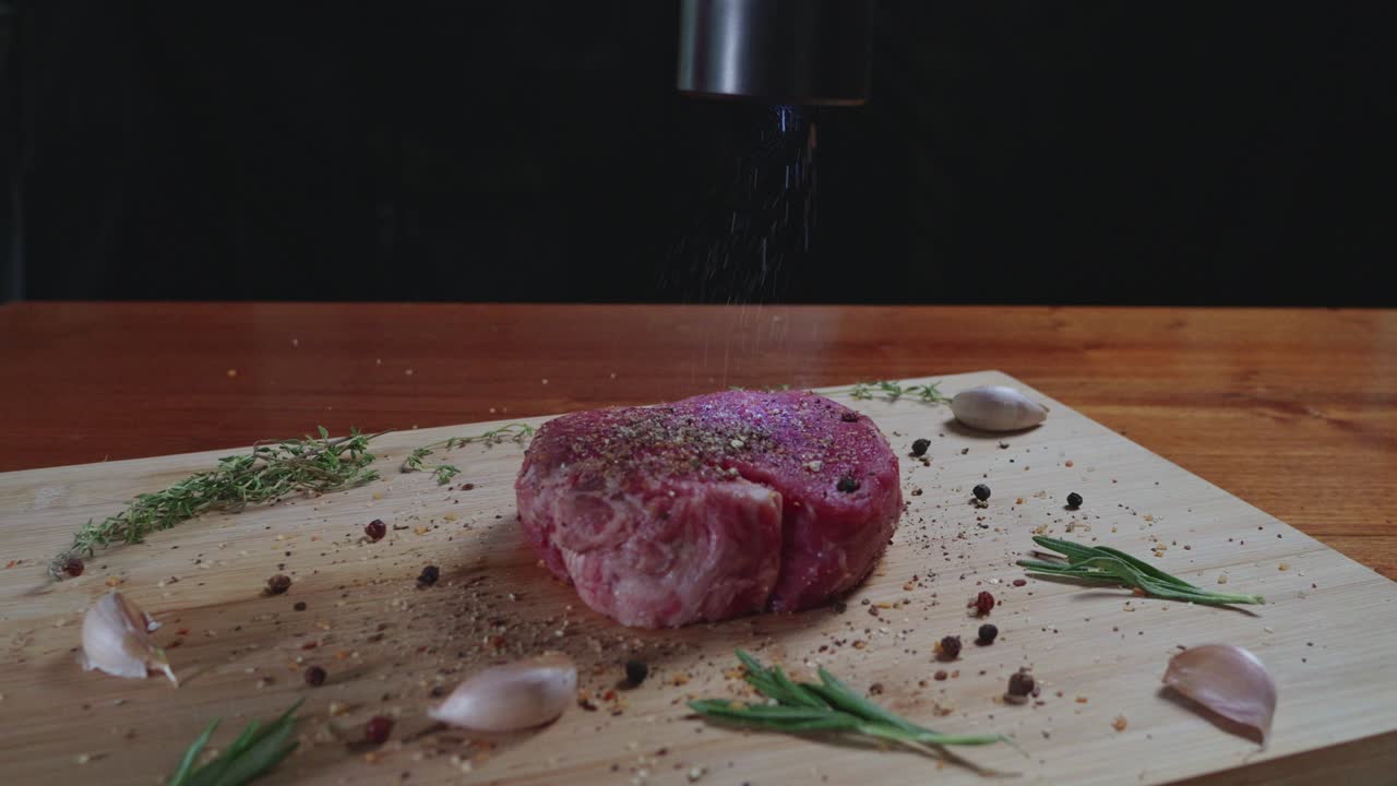 Chef seasons raw fresh tenderloin with pepper on a wooden cutting board, slow motion, close up