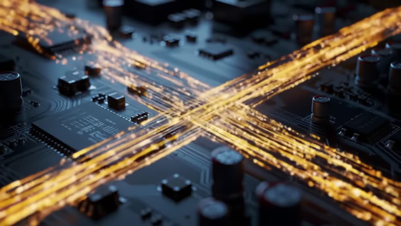 Dynamic Visualisation of Signal Transmission across Advanced Circuitry, Showcasing a Stunning Display of Light and Energy Flowing through Computer Components