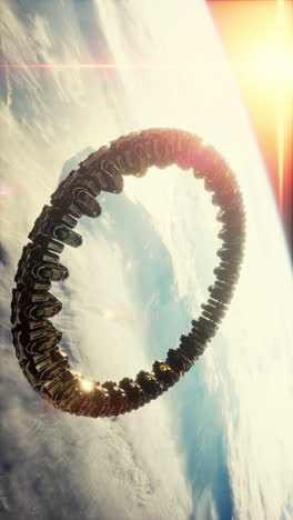 a futuristic ring-shaped spaceship orbiting earth