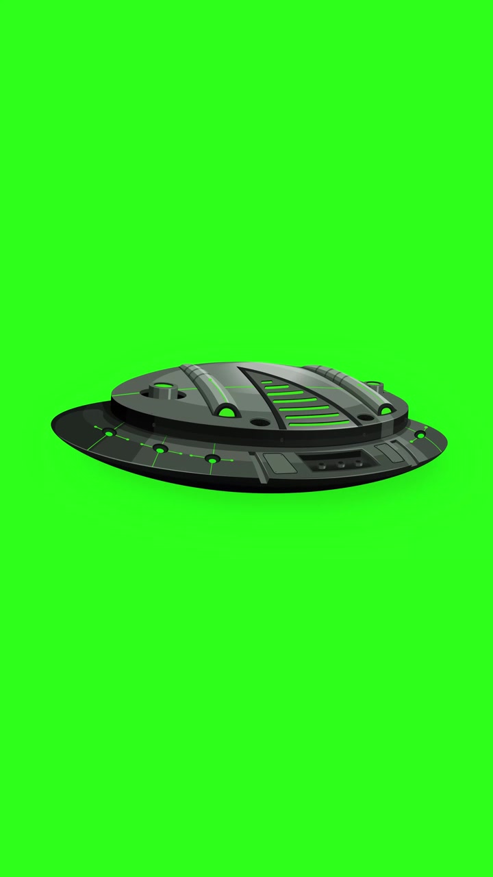 A dark metallic flying saucer floats and rotates slowly against a bright green screen background.