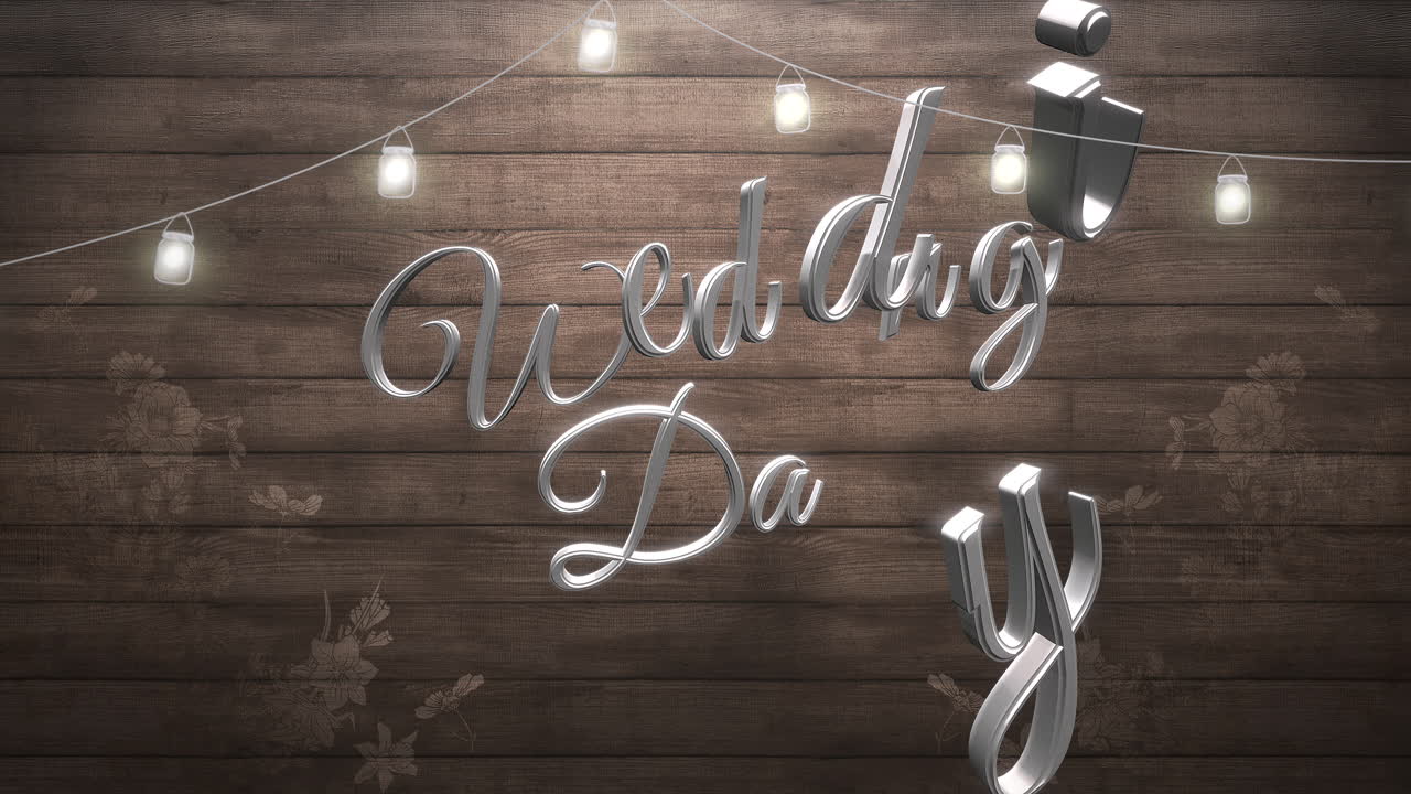 Testo in primo piano Giorno del Matrimonio con fiori e luci su legno