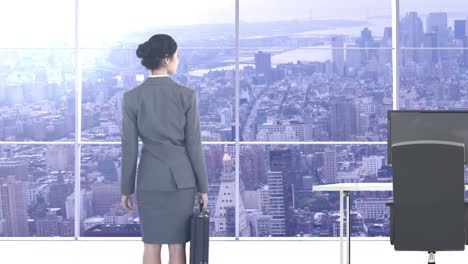 rear view of businesswoman standing in office with briefcase