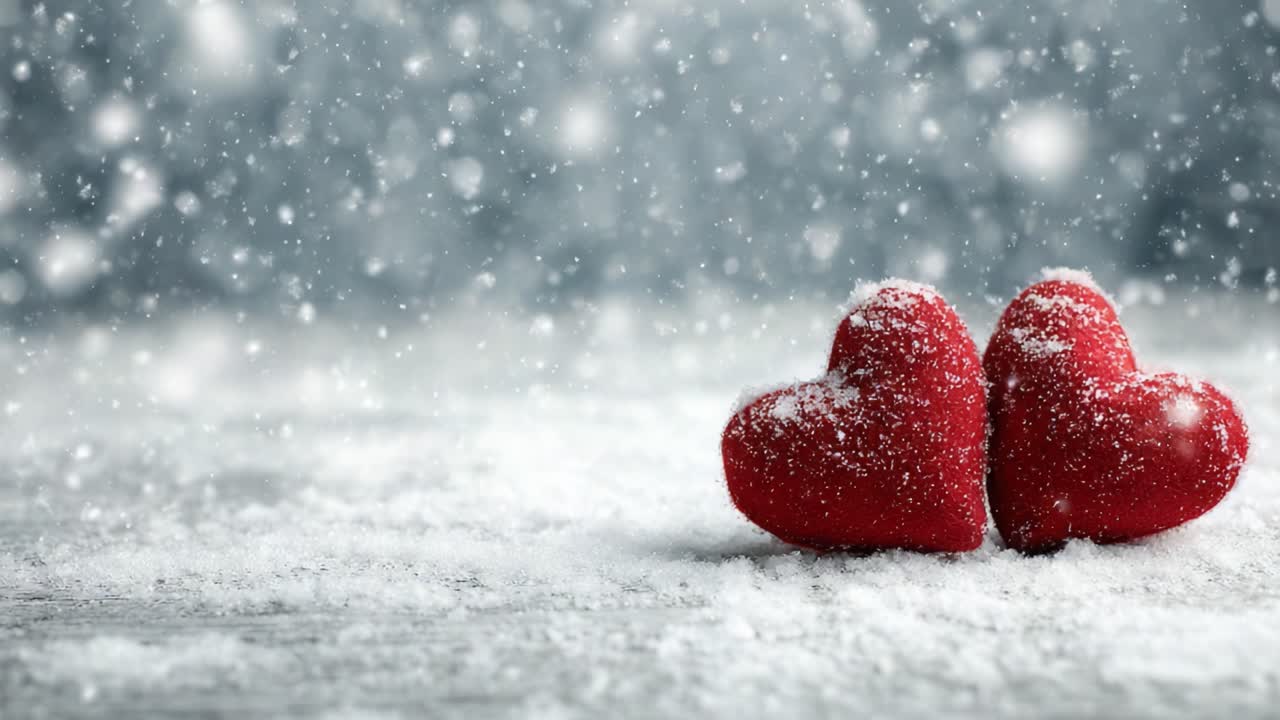 Two Heart-Shaped Decorations Covered in Snowflakes and Frost, Symbolizing Love and Romance in a Winter Wonderland Setting